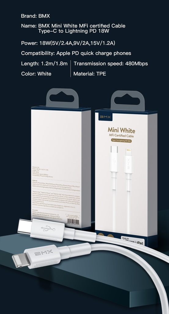 BMX Mini White MFi Certified Cable USB Type-C To Lightning PD 18w