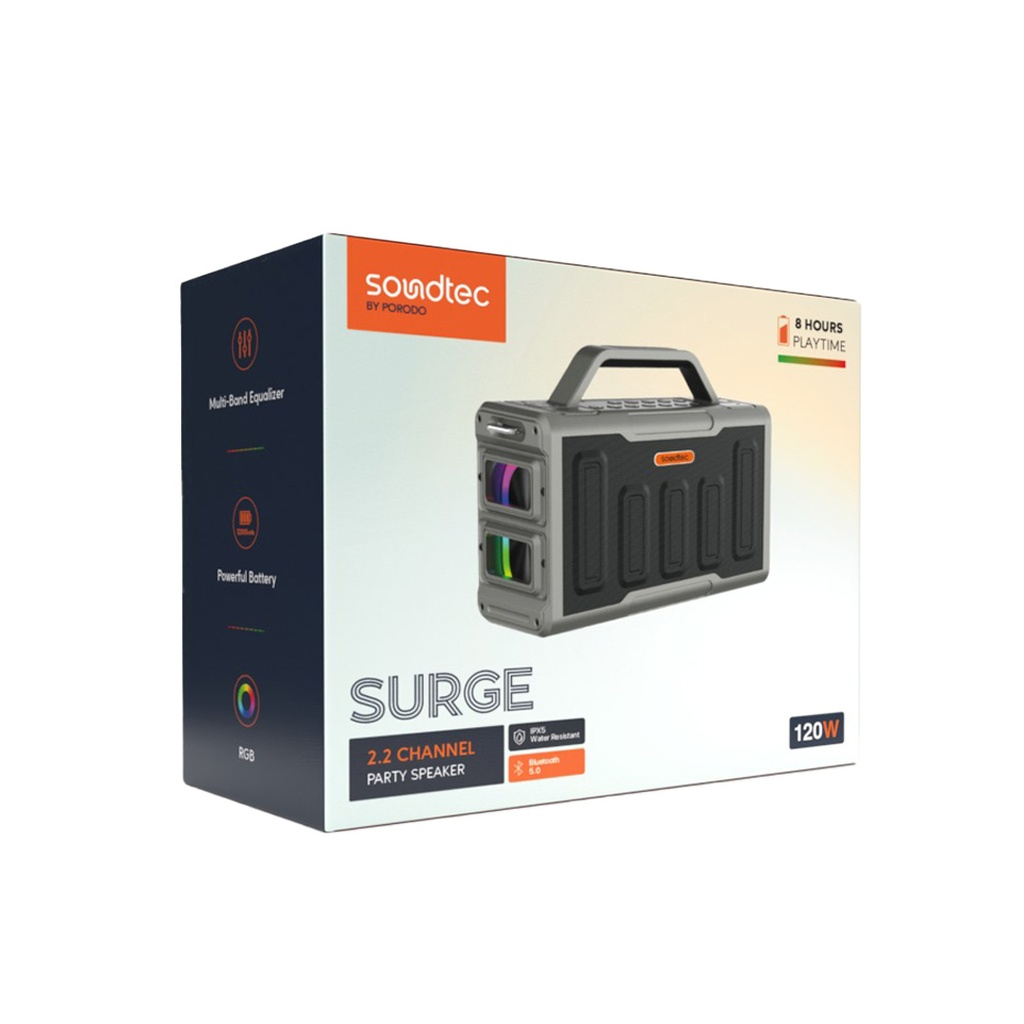 Porodo Soundtec Surge 2.2 Channel Party Speaker - 120W, 8H Playtime, Bluetooth 5.0, RGB Lights, IPX5 Water Resistant-Black |PD-STPS100-BK|