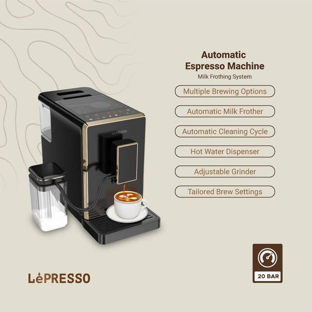 LePresso 20 Bar Automatic Espresso Machine - Adjustable Grinder, Hot Water Dispenser, Multiple Brewing Options - Black |LP003| |LPCFFM0003-BK|