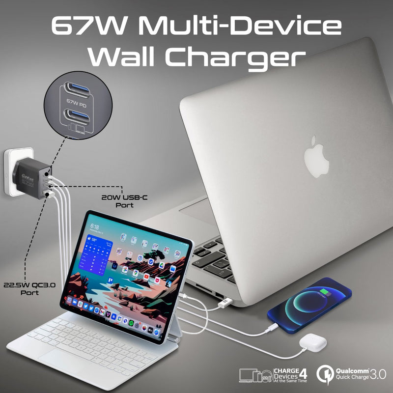 Promate Next-Gen GaNFast 67W Multi-Device Quick Charger 3.0 with Fast Charging & Safety Features |GaNPort4-67PD|