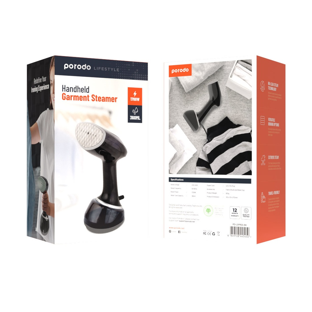 Porodo Lifestyle Handheld Garment Steamer 1700W 360ml No-Leak Travel-Friendly Steamer - Black |PD-LSPRGS-BK|