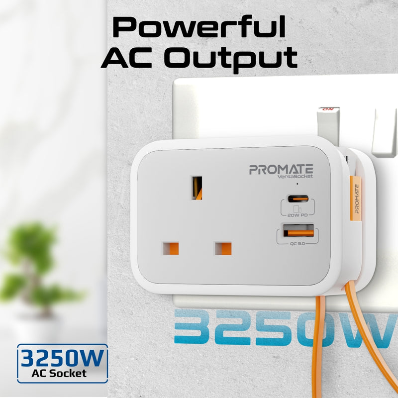 Promate VersaSocket Multi-Function AC Socket Charger with Built-In 20W PD USB-C Cable |VersaSocket|