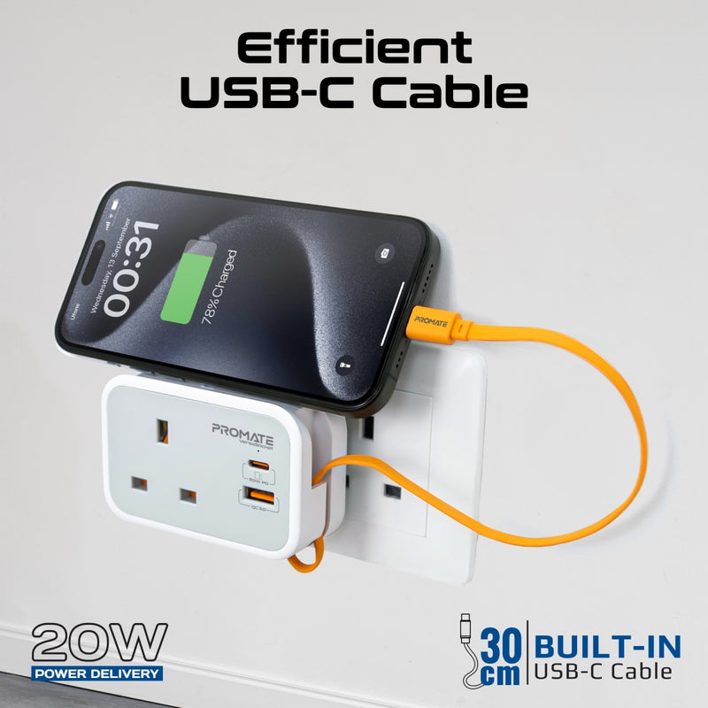 Promate VersaSocket Multi-Function AC Socket Charger with Built-In 20W PD USB-C Cable |VersaSocket|