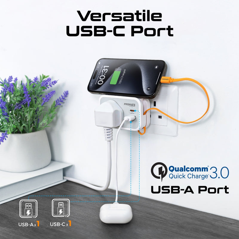 Promate VersaSocket Multi-Function AC Socket Charger with Built-In 20W PD USB-C Cable |VersaSocket|