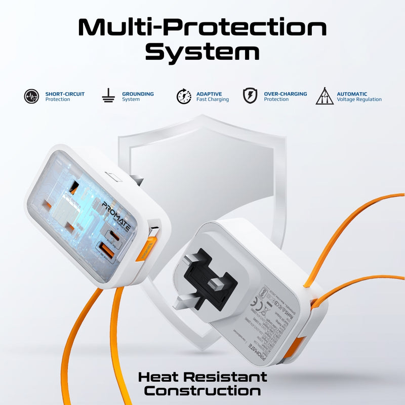 Promate VersaSocket Multi-Function AC Socket Charger with Built-In 20W PD USB-C Cable |VersaSocket|