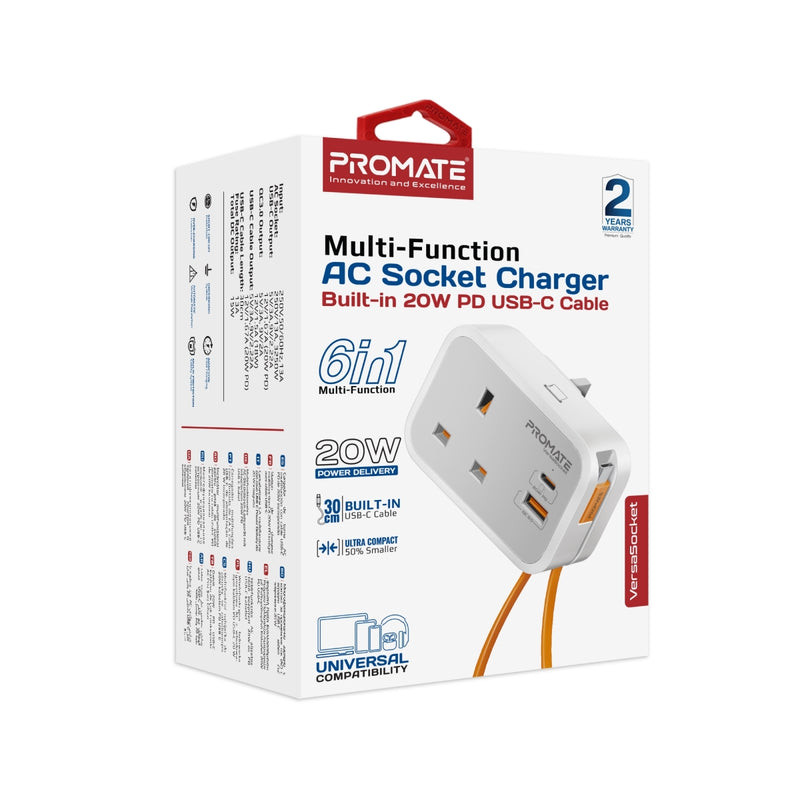 Promate VersaSocket Multi-Function AC Socket Charger with Built-In 20W PD USB-C Cable |VersaSocket|