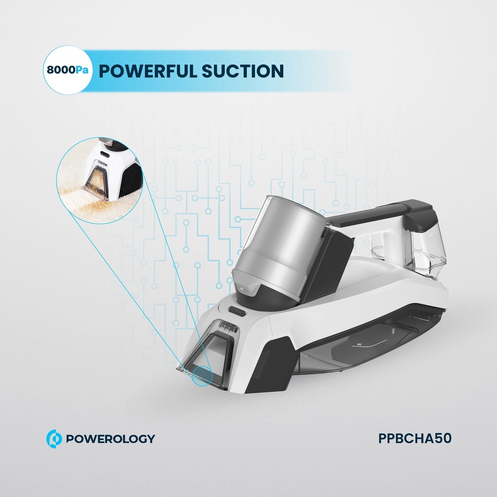 Powerology 60W Spot Cleaner  Powerful Portable & Rechargeable Spot Cleaner - White |PPBCHA50|
