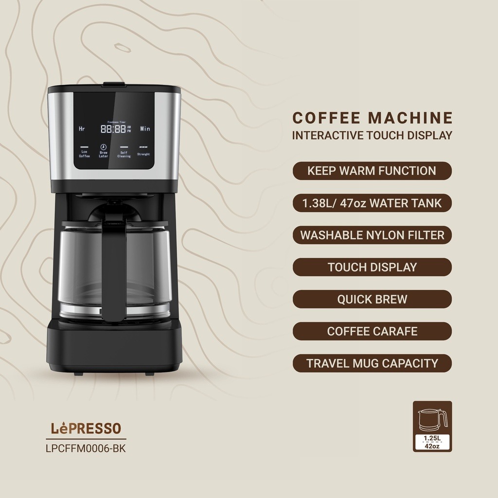 LePresso Rich Brew Coffee Machine with Interactive Touch Display, 50-60Hz Rated Frequency and UK 3-Pin Power Plug |LP006||LPCFFM0006-BK|