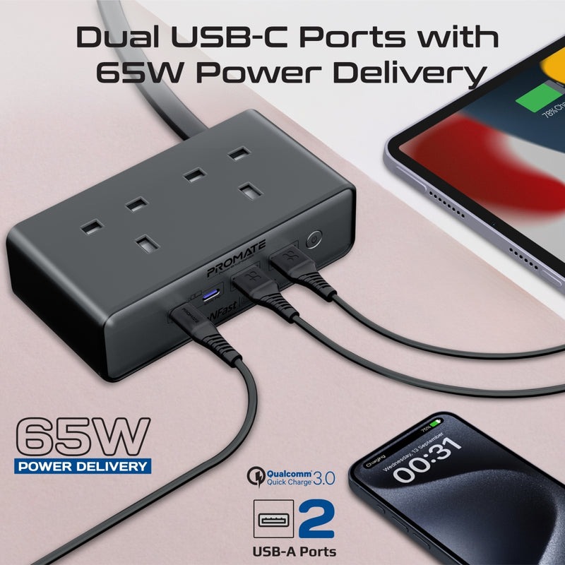 Promate 65W GaNFast 6-in-1 Power Delivery Charging Station with 3250W Dual AC Socket Perfect for Home & Travel |PowerBrix2-GaN65|
