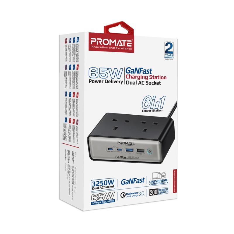 Promate 65W GaNFast 6-in-1 Power Delivery Charging Station with 3250W Dual AC Socket Perfect for Home & Travel |PowerBrix2-GaN65|