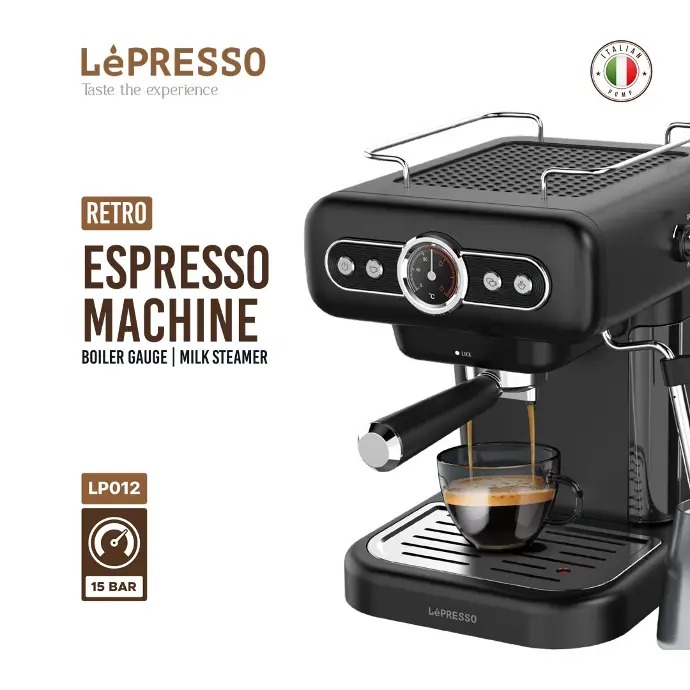 LePresso Retro Espresso Boiler Machine Gauge and Milk Steamer with 15 Bar Ulka Pump 950W Rated Power an 1.2 Liter Water Tank Capacity | LPCFFM0012 |