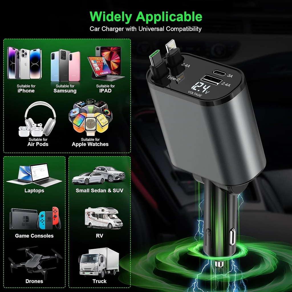 7MD 2 in1 Super Fast Charger with Telescopic Cable Built-in Fuse and Multi-Phones Charging Capacity 120W