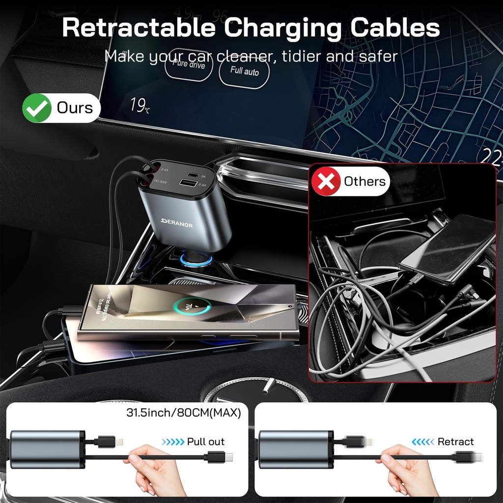 7MD 2 in1 Super Fast Charger with Telescopic Cable Built-in Fuse and Multi-Phones Charging Capacity 120W