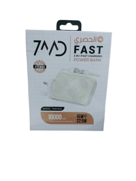 7MD 5-in-1 10000mAh 15W Wireless Charging USB-A Output Built-in Type-C Cable Fast Charging 7md Power Bank |7MD2444|