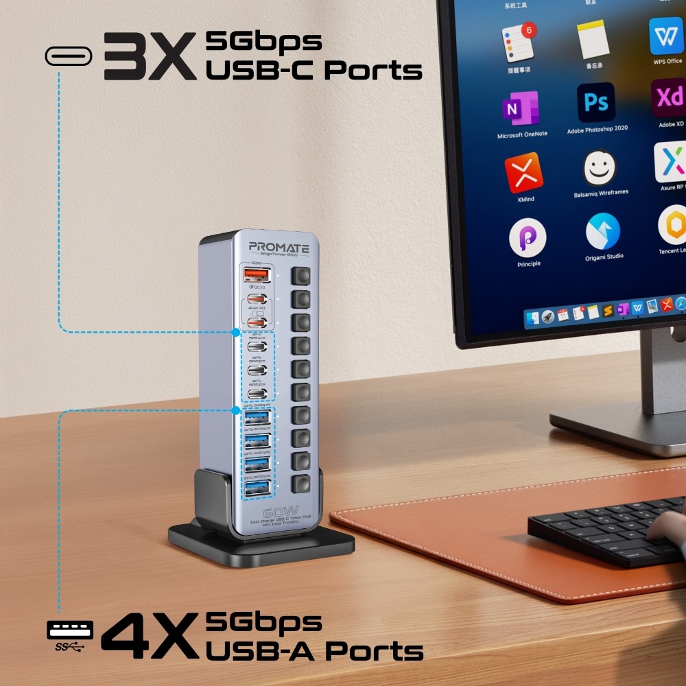 Promate 14 in 1 Fast Charge Multi Port Tower Hub 5 gbps Data Transfer 60W Output |GegaTower-60W|