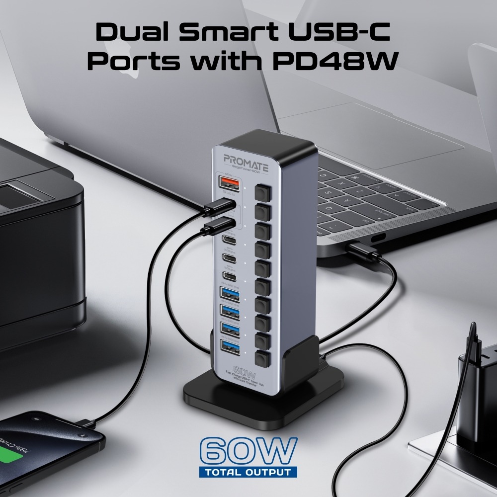 Promate 14 in 1 Fast Charge Multi Port Tower Hub 5 gbps Data Transfer 60W Output |GegaTower-60W|