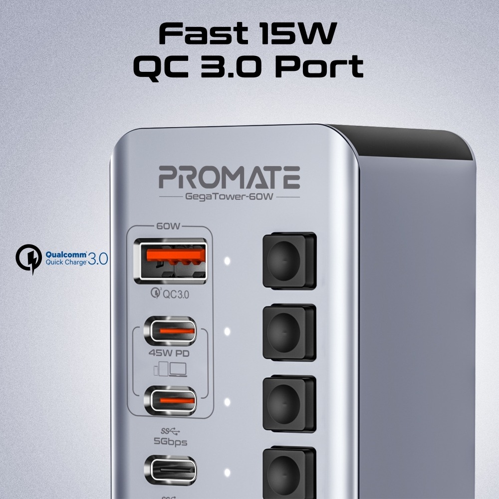 Promate 14 in 1 Fast Charge Multi Port Tower Hub 5 gbps Data Transfer 60W Output |GegaTower-60W|