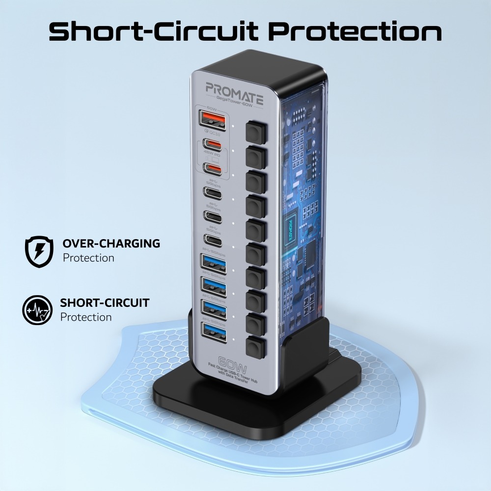 Promate 14 in 1 Fast Charge Multi Port Tower Hub 5 gbps Data Transfer 60W Output |GegaTower-60W|