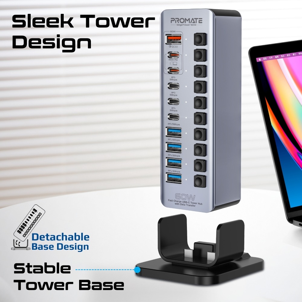 Promate 14 in 1 Fast Charge Multi Port Tower Hub 5 gbps Data Transfer 60W Output |GegaTower-60W|