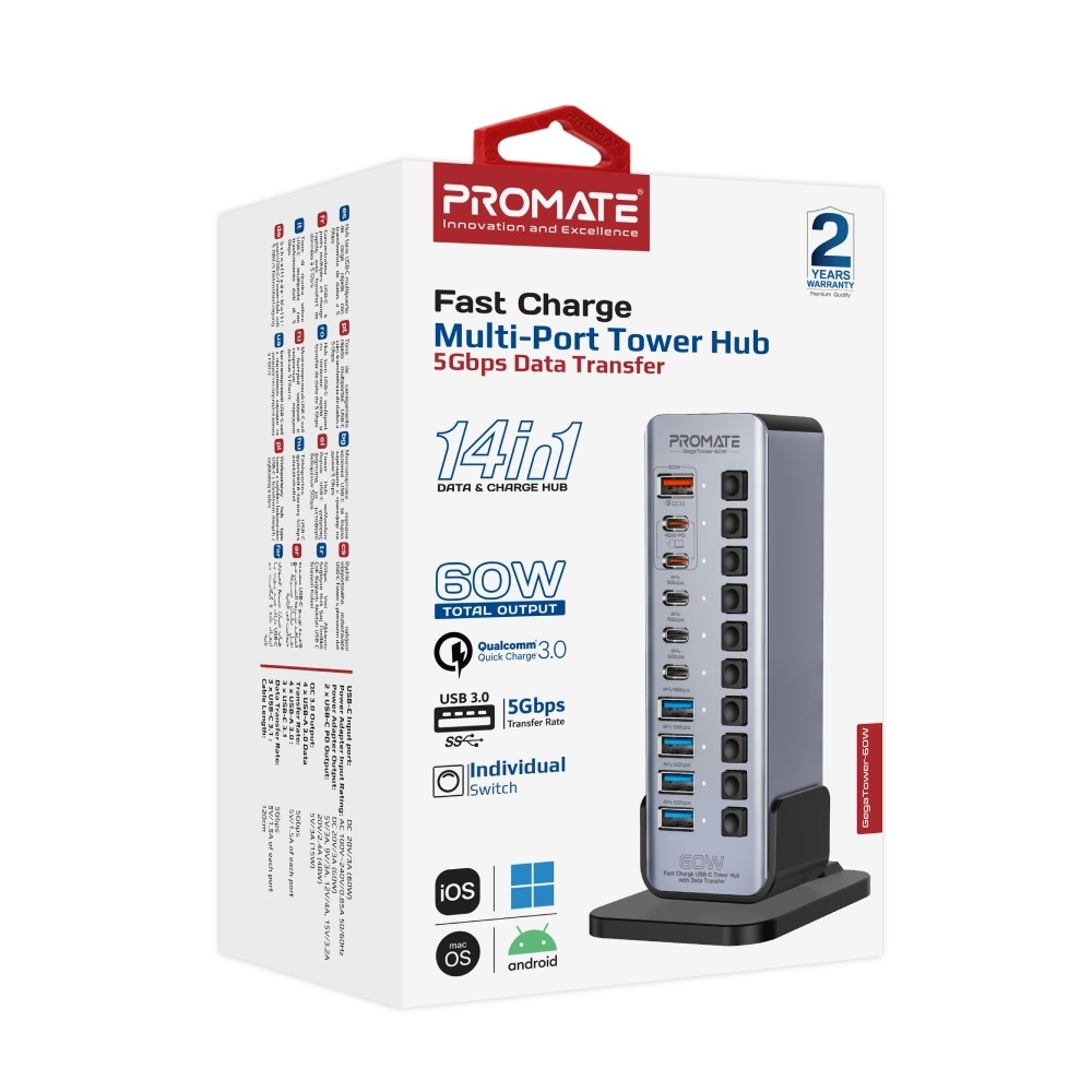 Promate 14 in 1 Fast Charge Multi Port Tower Hub 5 gbps Data Transfer 60W Output |GegaTower-60W|