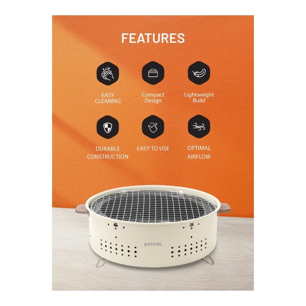Porodo Lifestyle Camping Mini Portable Outdoor Round BBQ/Charcoal Grill - Light Brown |PD-LCMORG-LTBR|