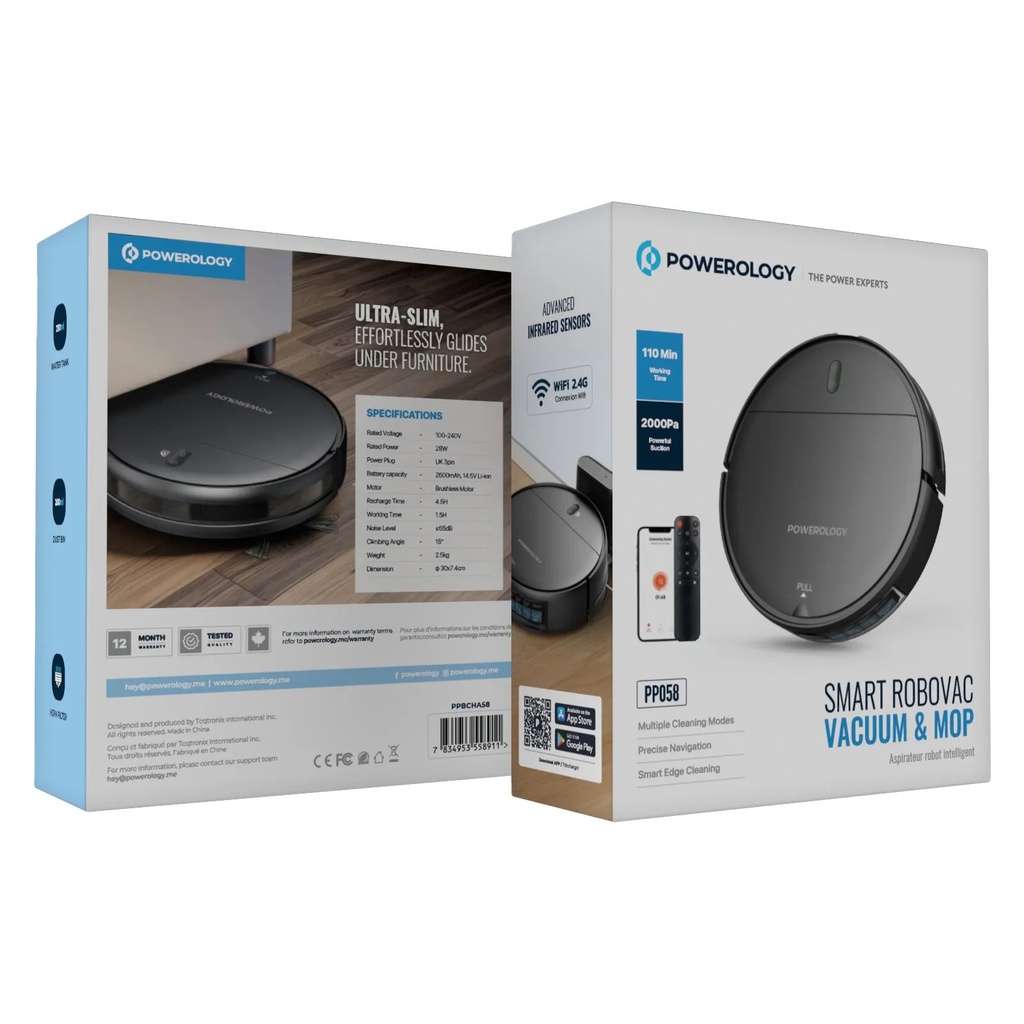Powerology Smart RoboVac with Vacuum & Mop 2000Pa Suction and Precise Navigation |PP058||PPBCHA58|
