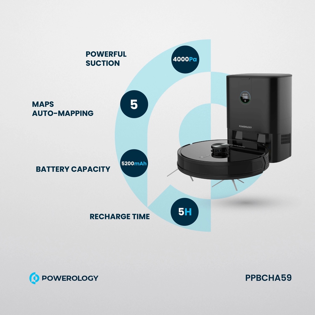 Powerology Smart Station Robot Vacuum & Mop 180 Min Working time 4000Pa Suction Auto Disposal ToF Lidar Positioning |PP059||PPBCHA59|