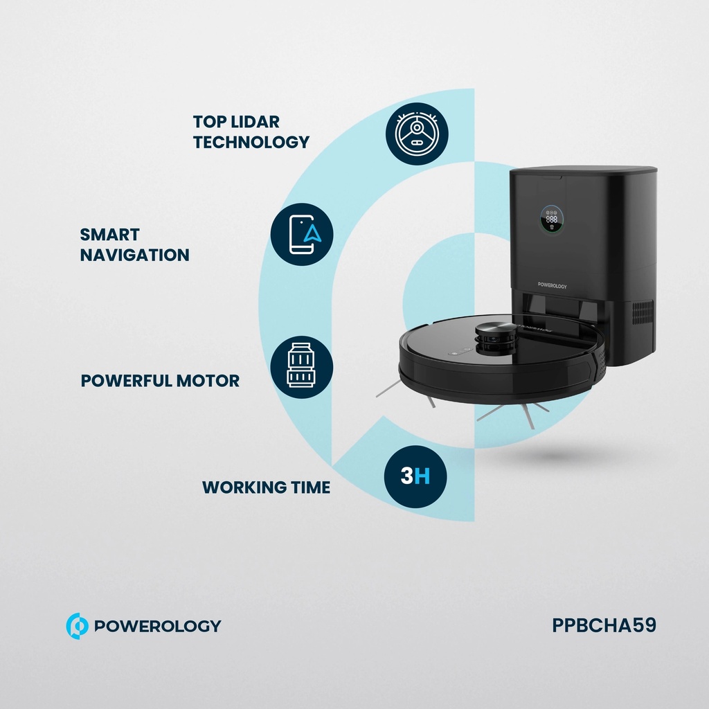 Powerology Smart Station Robot Vacuum & Mop 180 Min Working time 4000Pa Suction Auto Disposal ToF Lidar Positioning |PP059||PPBCHA59|