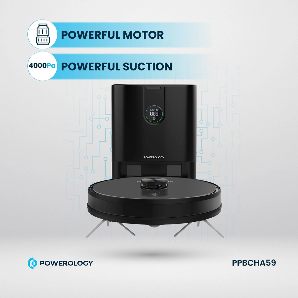 Powerology Smart Station Robot Vacuum & Mop 180 Min Working time 4000Pa Suction Auto Disposal ToF Lidar Positioning |PP059||PPBCHA59|