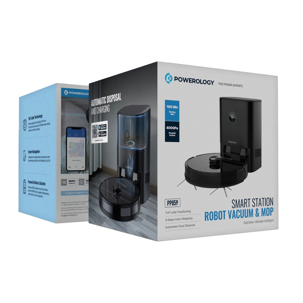 Powerology Smart Station Robot Vacuum & Mop 180 Min Working time 4000Pa Suction Auto Disposal ToF Lidar Positioning |PP059||PPBCHA59|