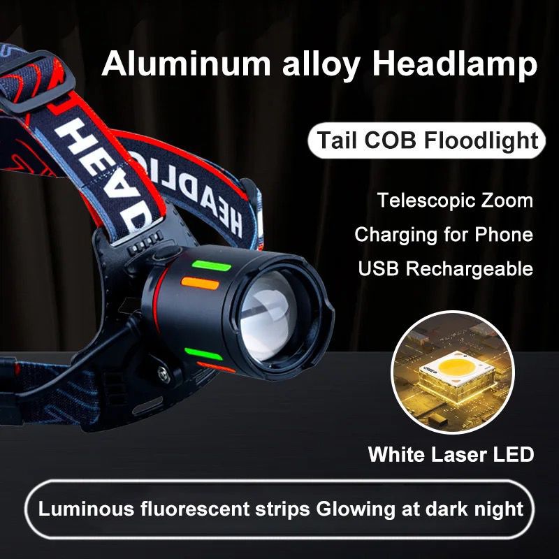 Ultra Bright Aluminum Alloy Headlamp with 7 Lighting Modes Telescopic Zoom and Power Bank Function