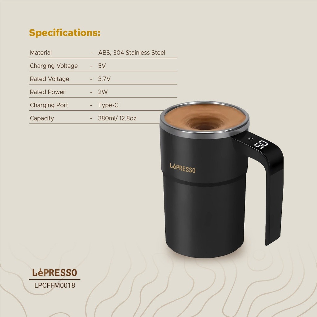 LePresso Stirmagic Auto Stirring Mug Type-C Charging Port Touch Control 304 Stainelss Steel  - Black |LP018||LPCFFM0018|