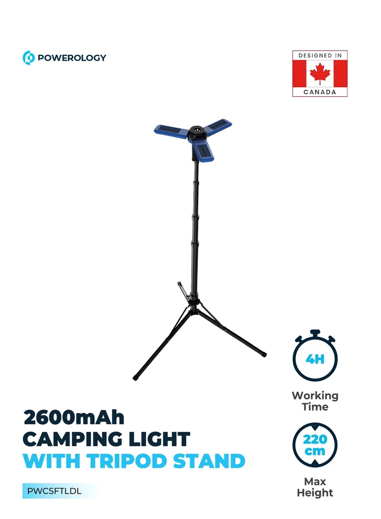 Powerology 2600mAh Camping Light with Tripod Stand 4 Modes Magnetic Head IPX4 Waterproof and Solar Charging |PWCSFTLDL|