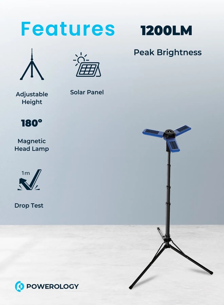 Powerology 2600mAh Camping Light with Tripod Stand 4 Modes Magnetic Head IPX4 Waterproof and Solar Charging |PWCSFTLDL|