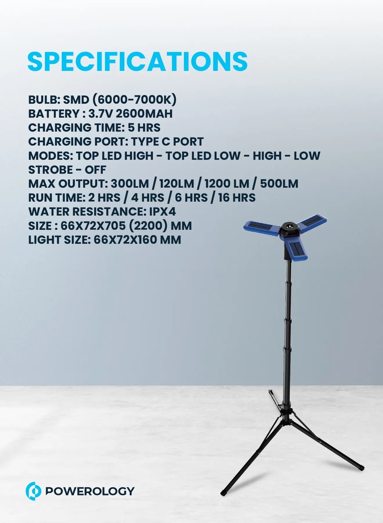 Powerology 2600mAh Camping Light with Tripod Stand 4 Modes Magnetic Head IPX4 Waterproof and Solar Charging |PWCSFTLDL|