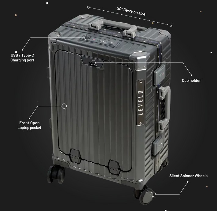 Levelo RoamRollers Travel Luggage Bag With USB/Type-C Charging Ports, Cup Holder, Phone Holder  | LVLRRTLGY/-BK/-WH |