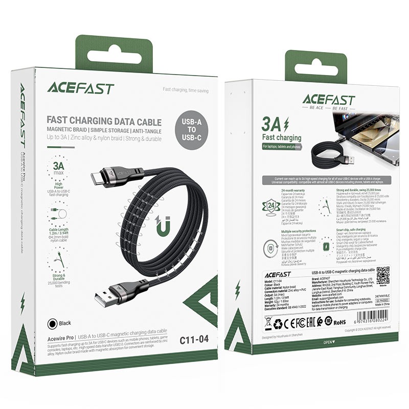 ACEFAST 1.2m 3A High Power USB-A to USB-C Magnetic Anti Tangle Fast Charging Data Cable |C11-04|