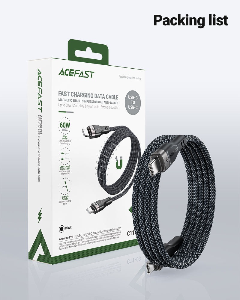 ACEFAST High Power 60W 1.2m Anti-Tangle Magnetic USB-C to USB-C Fast Charging Data Cable |C11-03|