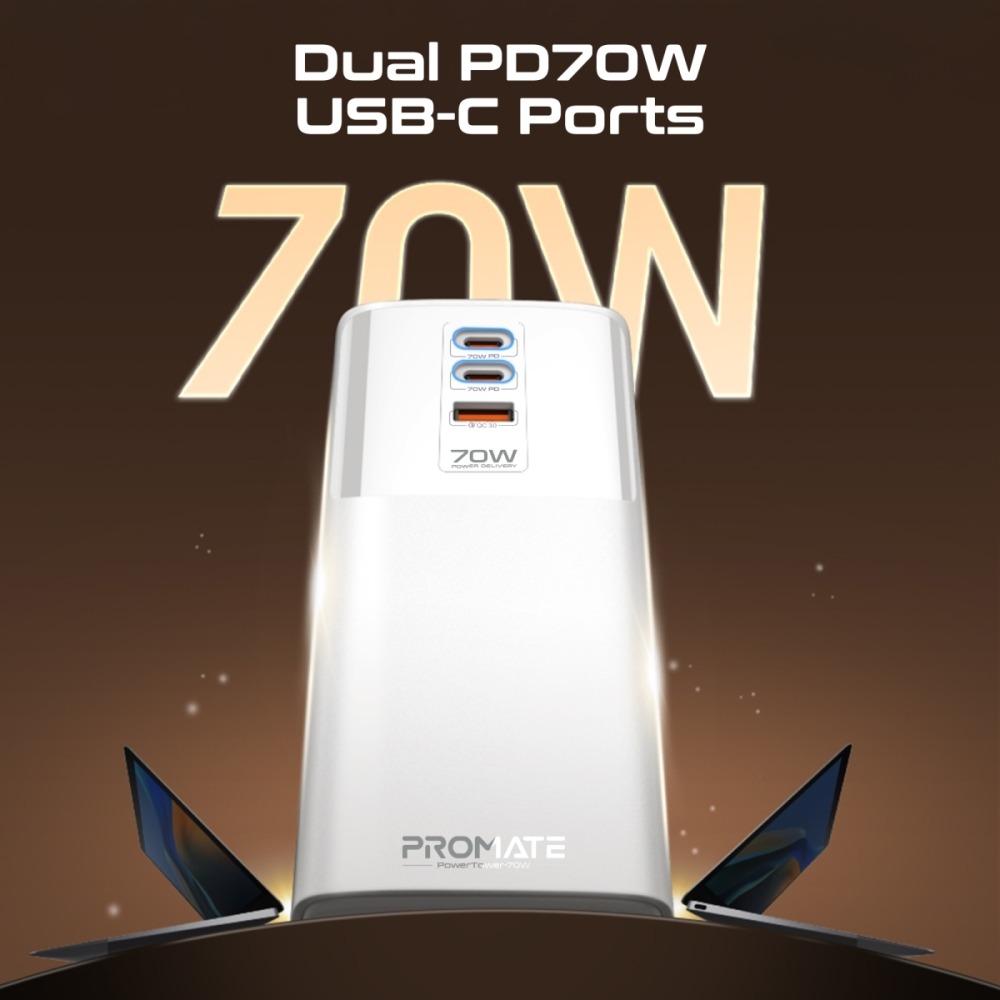 Promate 70W 7 in 1 Fireproof Multi Port Charging Station With 2500W Quad AC Sockets |PowerTower-70W|