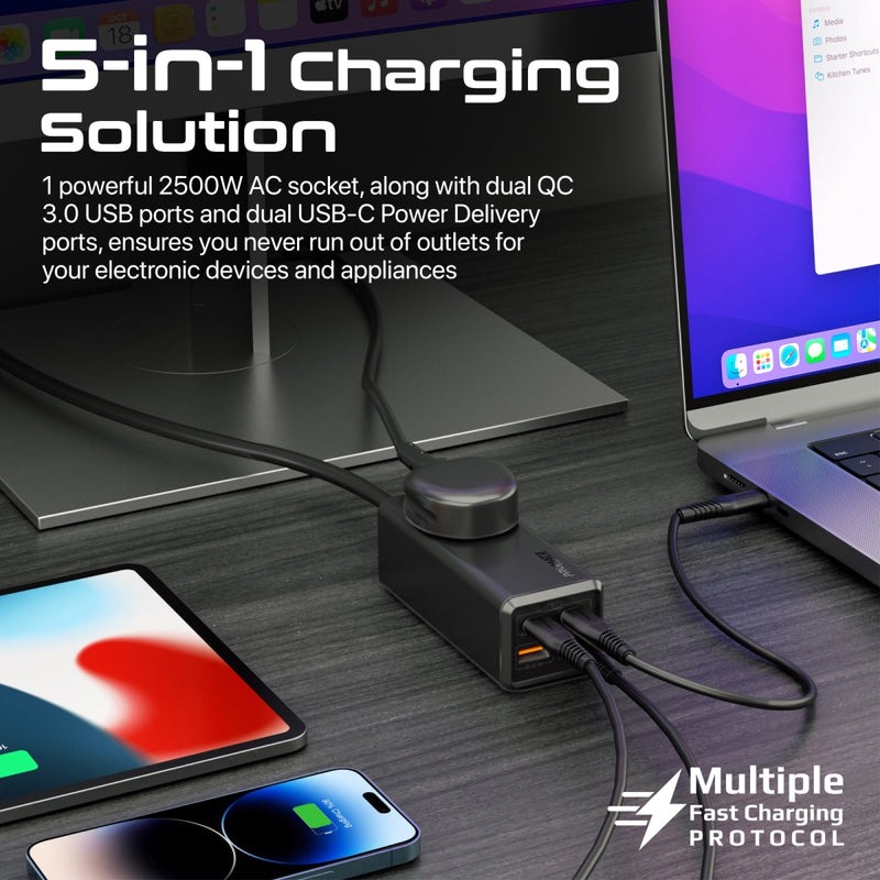 Promate 65W GaNFast Multi Port Power Strip With Universal AC Socket |PowerBrix-GaN65|
