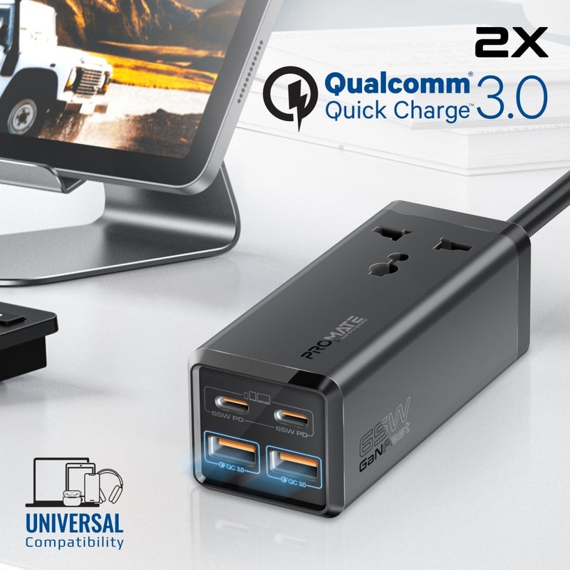 Promate 65W GaNFast Multi Port Power Strip With Universal AC Socket |PowerBrix-GaN65|