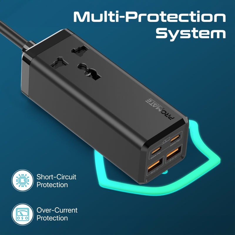 Promate 65W GaNFast Multi Port Power Strip With Universal AC Socket |PowerBrix-GaN65|