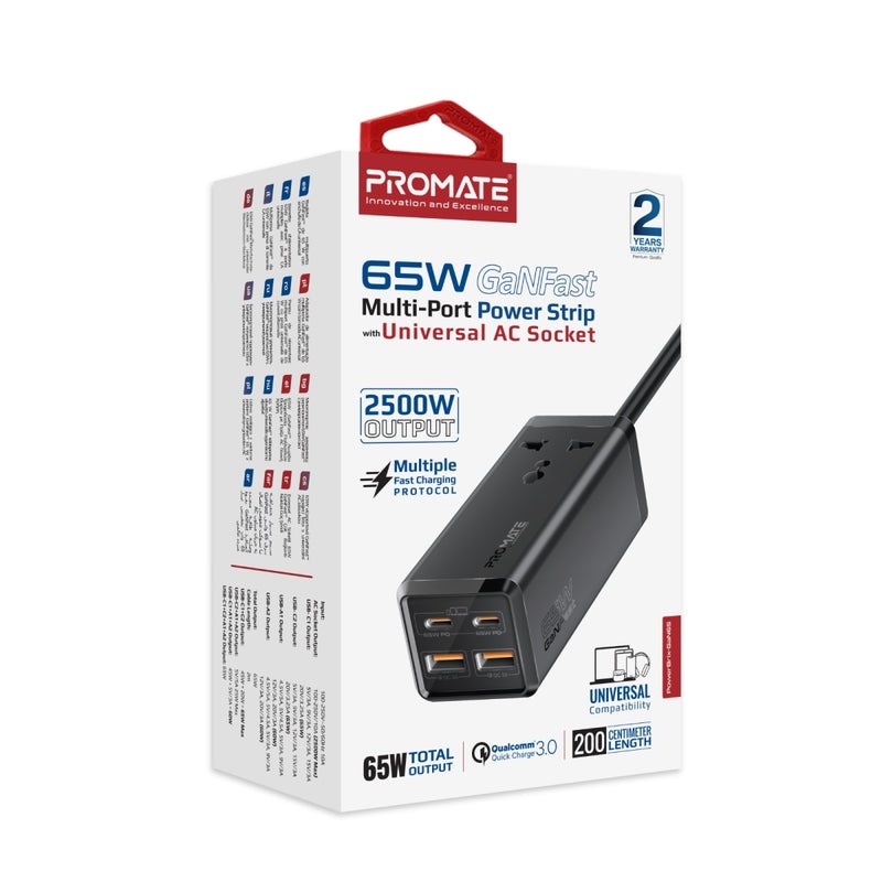 Promate 65W GaNFast Multi Port Power Strip With Universal AC Socket |PowerBrix-GaN65|