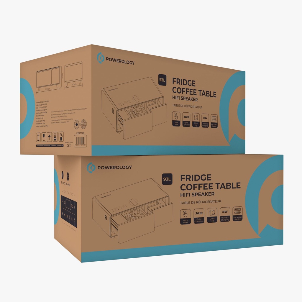 Powerology 93L Fridge Coffee Table with LED Touch Control and HiFi Bluetooth Speakers  |P93CTFBK|