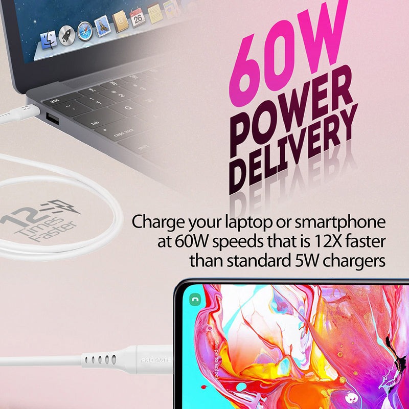 Promate 60W Power Delivery Ultra-Fast USB-C Soft Silicone Cable |PowerLink-CC120|