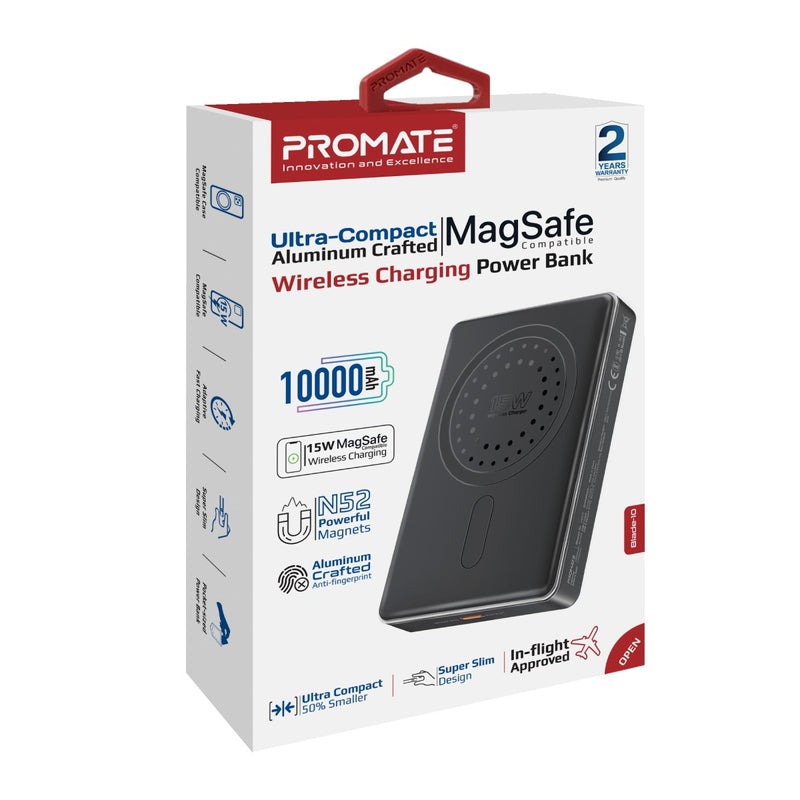 Promate Ultra Compact Aluminum Crafted MagSafe Compatible Wireless Charging PowerBank |Blade-10|