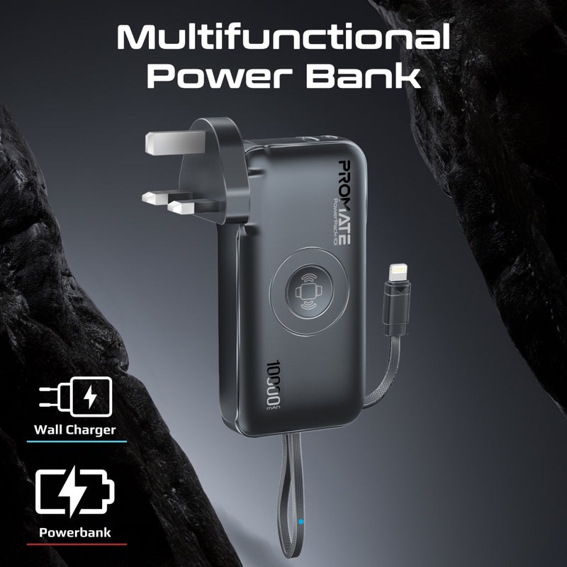 Promate 10000mAh 20W Ultra compact Fast Charging Power Bank with AC Charger Apple Watch Charger and Built In Lightning Cable
