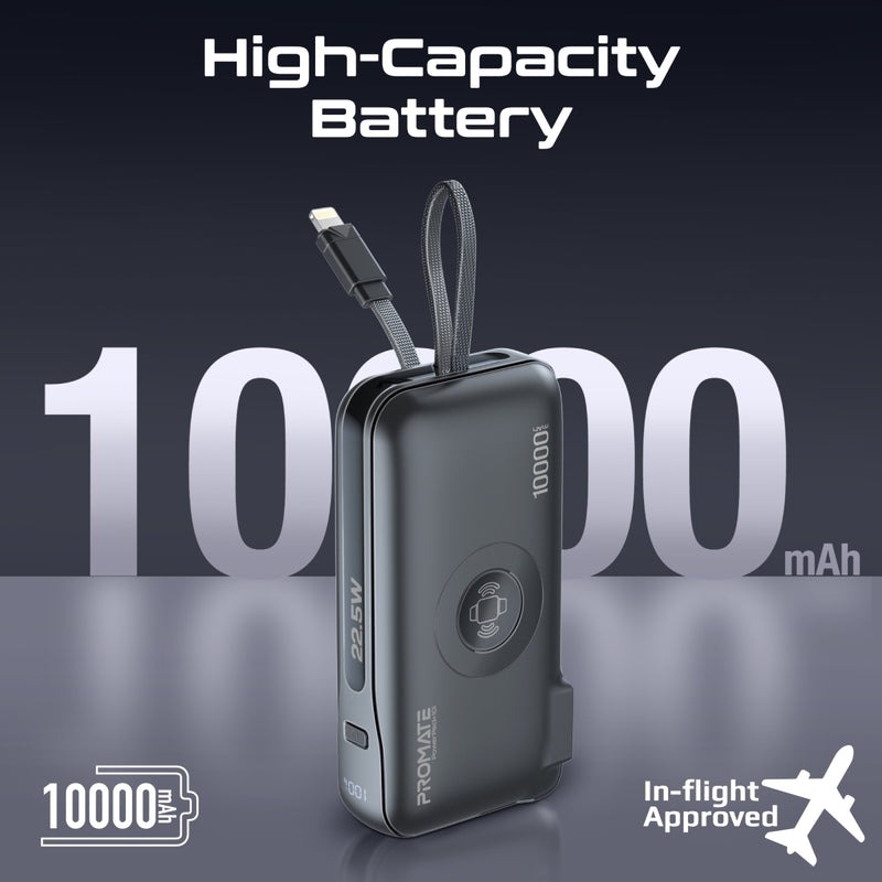 Promate 10000mAh 20W Ultra compact Fast Charging Power Bank with AC Charger Apple Watch Charger and Built In Lightning Cable