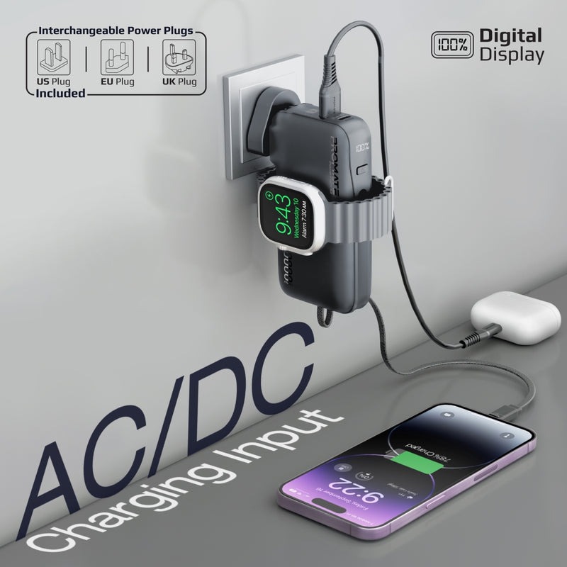 Promate 10000mAh 20W Ultra compact Fast Charging Power Bank with AC Charger Apple Watch Charger and Built In Lightning Cable