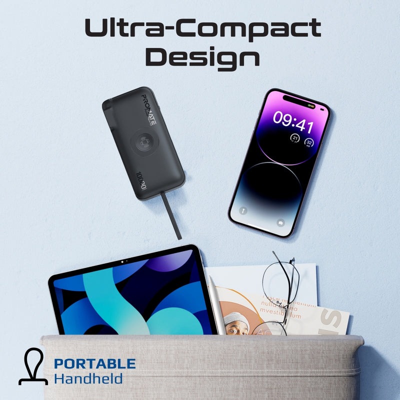 Promate 10000mAh 20W Ultra compact Fast Charging Power Bank with AC Charger Apple Watch Charger and Built In Lightning Cable